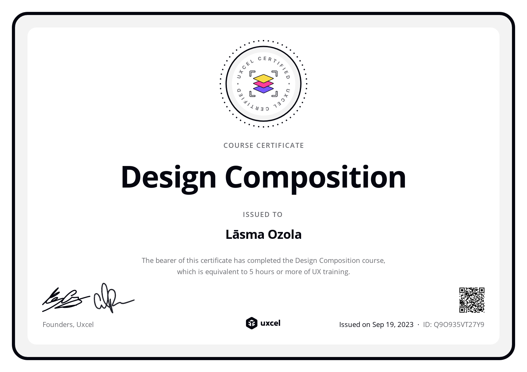 Lāsma Ozola's certificate
